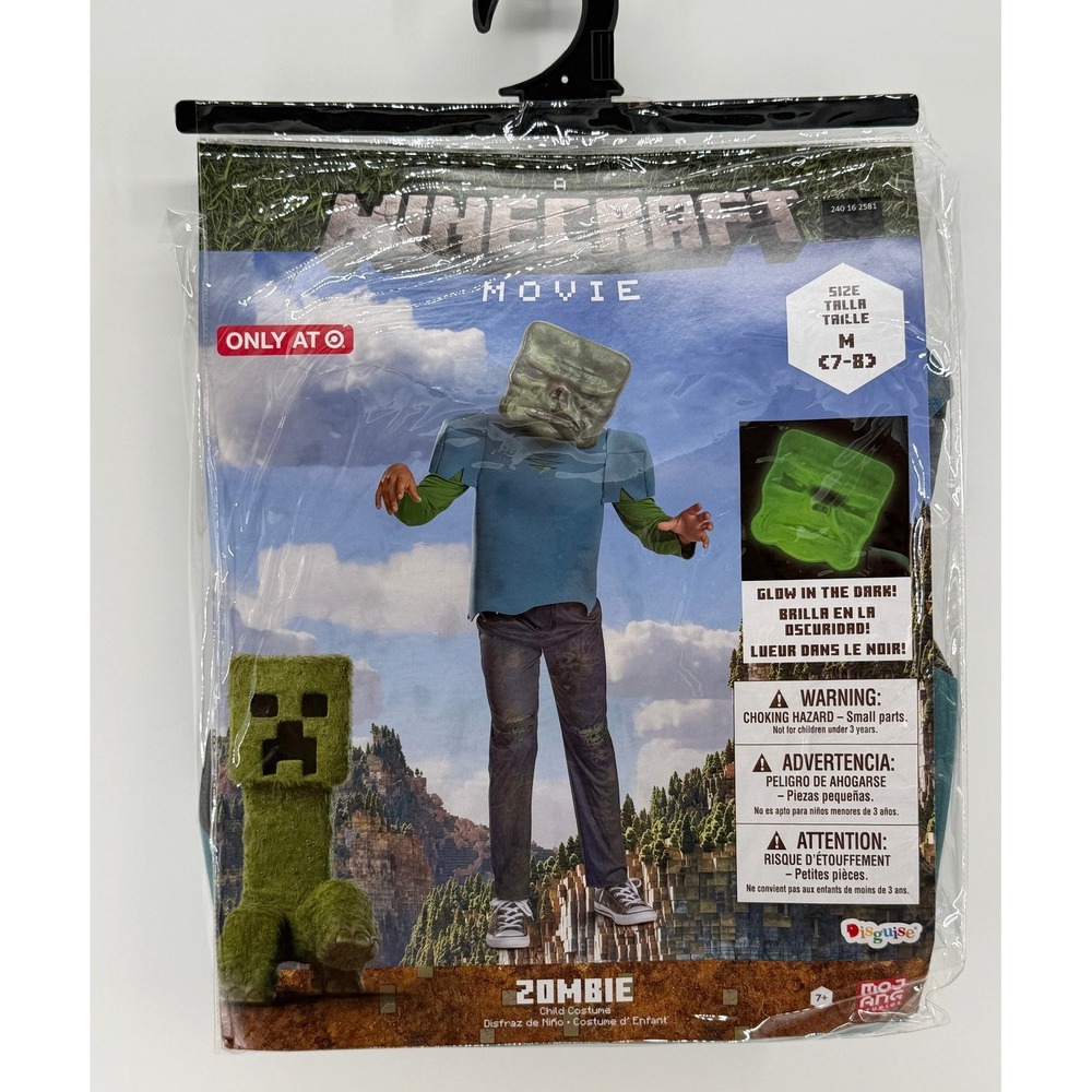 Minecraft Movie Zombie Child Costume Glow in the Dark Mask Size M 7-8 Disguise